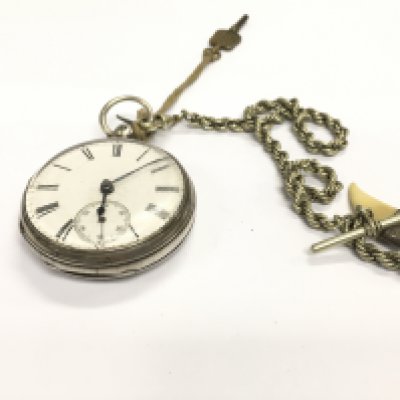 A silver pocket watch with silver chain. 160g total.