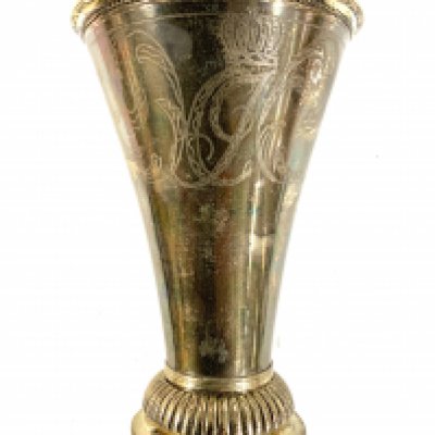 An 18th Century Swedish fluted silver vase with ribbed foot, hand engraved with a Swedish Crown and foliate decoration. Height. 19cm x 13cm.