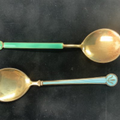 A David Andersen blue guilloche enamelled silver spoon together with a Norwegian guilloche enamel spoon. (A) NO RESERVE