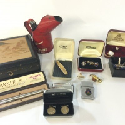 A small box of mixed items including cufflinks, notes, Mondial harmonica, boxed Accurist watch, cigarette cards including Players ,postage category B
