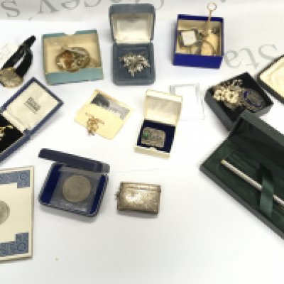 Jewellery including a boxed cross pen, marcasite and blue enamel brooch, necklace , gents Tissot stylist watch, womens Tissot and Seiko etc. postage category B
