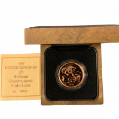 1986. Gold 5 Pound Coin Brilliant Uncirculated Boxed. No.09033