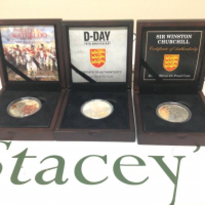 Three Silver Five Pound Proof coins The Battle of Waterloo limited edition D-Day commemorative and Sir Winston Churchill (3)