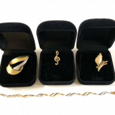 3 9ct gold brooches together with a 9ct gold resist bracelet. (A)