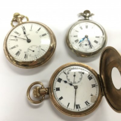 Three vintage pocket watches half hunter , Dennison case, Gold plated W.A COY Waltham case. All working