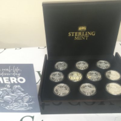 A case containing a Celebration of Hero&#2013266057۪s Silver proof one ounce silver coin collection of ten coins Covid 19 coin collection. In a well presented fitted box with card.