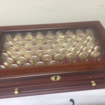 A case containing a collection of American gilded Quarter Dollars virtually complete each coin in a sealed capsule uncirculated and in a well presented fitted case.