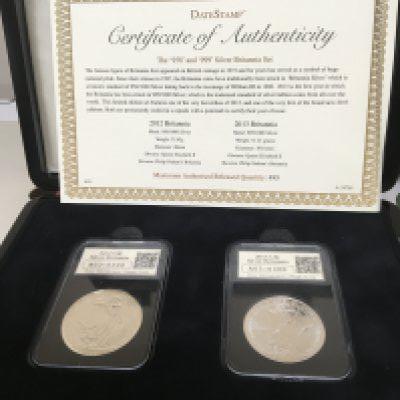 A 2012 and 2013 Silver Britannia both in Perspex slabs and in a fitted case with certificate of Authenticity.
