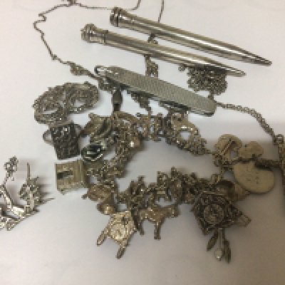 A Silver charm bracelet and other silver jewellery pens and other ornaments.