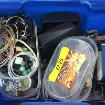 A box of varied costume jewellery including watches including Sekonda , Seiko , bracelets etc . Postage category C
