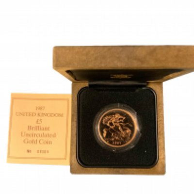 1987 Gold 5 Pound Coin Brilliant Uncirculated Boxed. No.08009