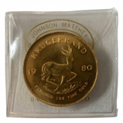 A 1980 issue 1 ounce gold Kruggerand coin.