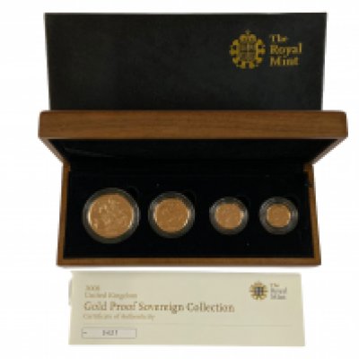 Elizabeth II (1952-2022), gold proof Set, 2008, comprising Five Pounds, Two-Pounds, Sovereign, Half-Sovereign, crowned head right, IRB initials below for designer Ian Rank-Broadley. 0421/1750.