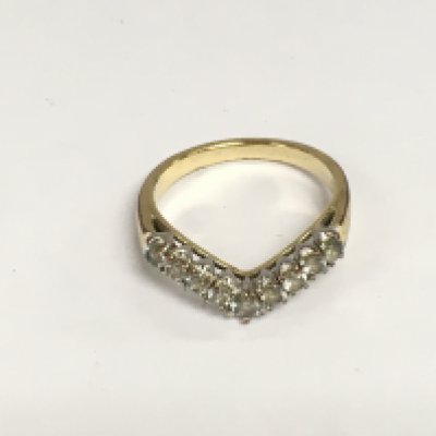 WITHDRAWN - An unmarked gold ring of wishbone design inset with diamonds, approx 2.2g and approx size L. Shipping category A.