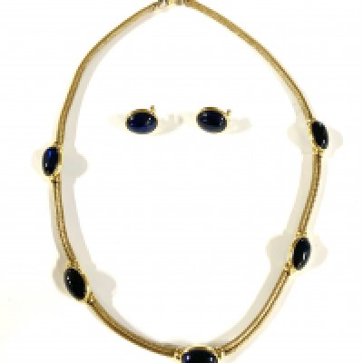 An Italian 18ct yellow gold weave necklace inset with spaced blue cabuchon stones and matching stud clip earrings. total weight 39.02g. 43cm. (A)