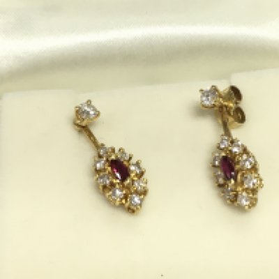A pair of 18ct yellow gold diamond and ruby drop earrings. 3.65g Postage B