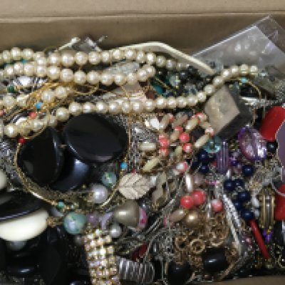 A box of costume jewellery including thimbles, cufflinks, brooches, necklaces etc, no reserve . Postage category B