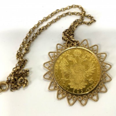 Austrian, 4 Ducat gold coin, 1915 together with a 9ct gold coin mount and chain. 34.88g (A)