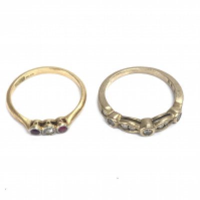 An 18ct gold ring size M 1/2 and 2.19g and a 9ct ring size M 1/2 and 2.53g. Postage A
