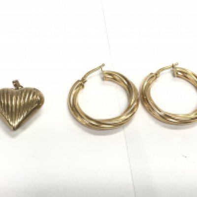A pair of 9ct gold hoop earrings and a 9ct gold heart pendant. 4g Postage A