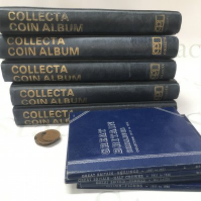Five coin albums and smaller albums (three empty). Albums include Three Pence, one shillings, half crowns, five shillings Etc. Postage category C