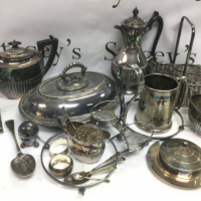 A collection of silver plated items including a coffee pot, tankard etc. Shipping category D.- NO RESERVE