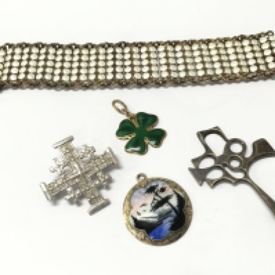 A silver and enamel Norwegian bracelet (damaged) , silver Norwegian pendant , silver Irish clover, silver Jerusalem pin. Postage category A