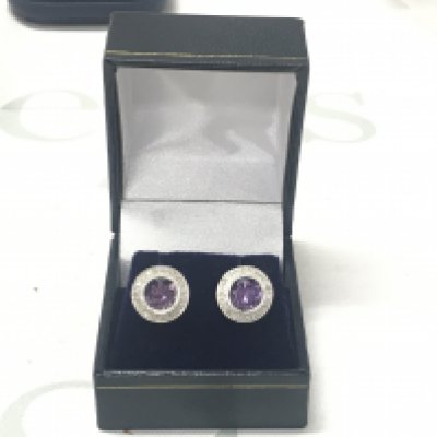 Pair of 9ct white gold cluster stud earrings set with round amethysts surrounded by RBC diamonds, boxed. Amethyst 2.20ct approx. Diamonds 0.40ct approx