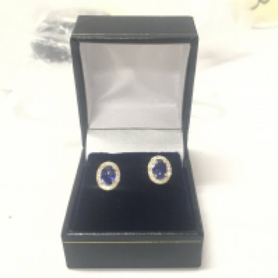 Pair of 18ct yellow gold oval sapphire and RBC diamond cluster studs, boxed. Sapphires 2.00ct. Diamonds 0.36ct