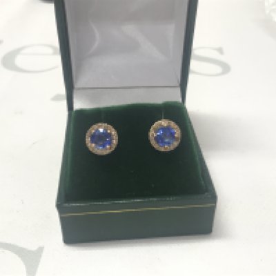 Pair of silver gilt round kyanite and diamond halo studs, boxed. Kyanites 1.0pct. Diamonds 0.38ct approx.