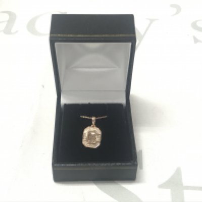 9ct rose gold tea-cut morganite and RBC diamond Art Decostyle cluster pendant on a 9ct rose gold chain, boxed. Morganite 0.92ct. Diamonds 0.23ct.