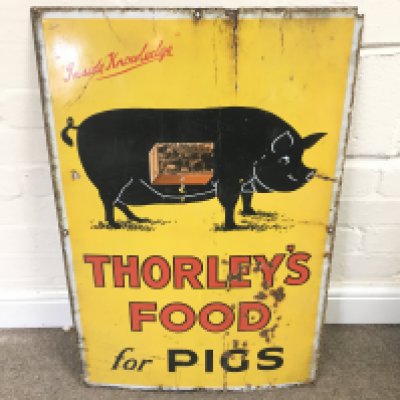 ENAMEL ADVERTISING SIGN "THORLEY'S FOOD FOR PIGS" 20 x 30 inches approximately