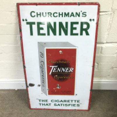 Churchman's Tenner Cigarettes Enamel sign. 18 x 30 inches approximately