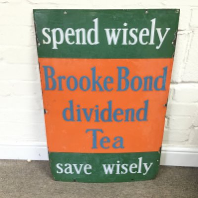 A vintage 'Spend Wisely Brooke Bond divided Tea Save Wisely' advertising enamel sign 20 x 30 inches