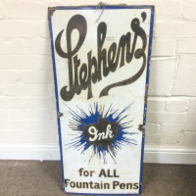 vintage enamel sign advertising Stephens Inks - For ALL Fountain Pens 16 x 36 inches approximately