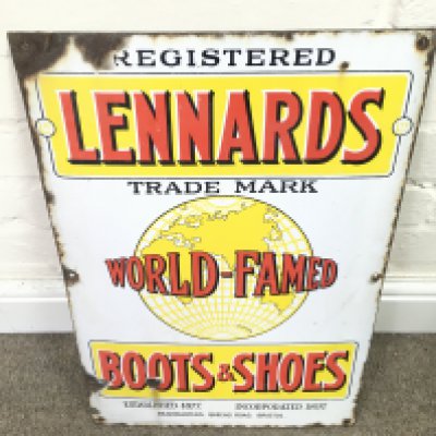 vintage advertising enamel sign 'Lennards World Famed Boots and Shoes. 13.5 x 19.5 inches approximately
