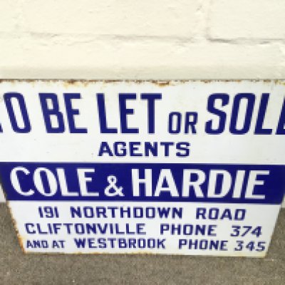 Flanged enamel sign for the estate agents "Cole & Hardie" advertising properties "To Be Let or Sold 18 x 14 inches approximately