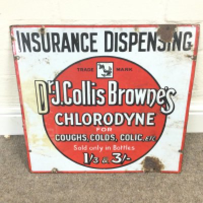 enamel advertising sign for Doctor J Collis Browne's Chlorodyne for Coughs Colds and Colic? 17 x 16 inches approximately