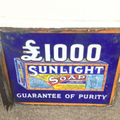 Sunlight Soap and Lifebuoy soap flanged enamel sign. 15 x 12 inches approximately
