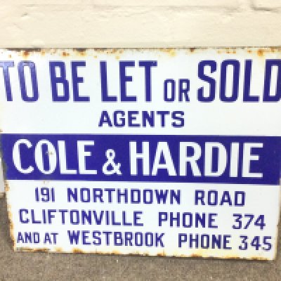 Flanged enamel sign for the estate agents "Cole & Hardie" advertising properties "To Be Let or Sold 18 x 14 inches approximately