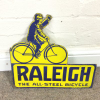 Rayleigh cycles cut out enamel sign 14 x 13.5 inches approximately