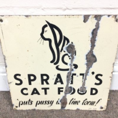 Sprays cat food enamel sign 12 x 12 inches approximately