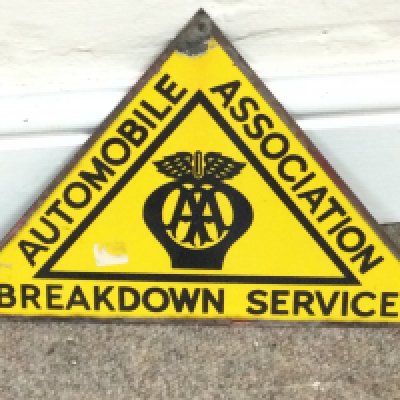 A triangular AA enamel sign. Base is approximately 12 inches across