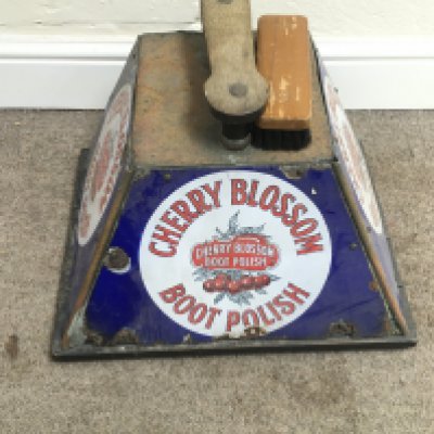 CHERRY BLOSSOM SHOE SHINE BOX WITH THREE, TRAPEZOID ENAMEL PLATES FITTED 16.5 x 12 inches approximately