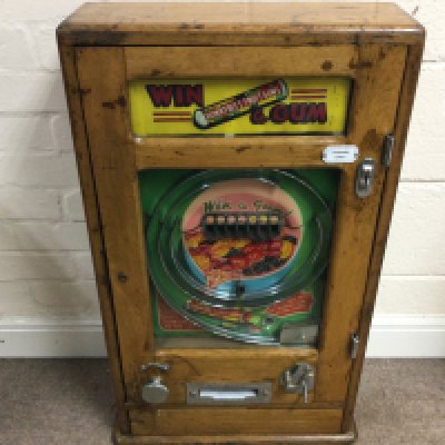 Allwins WIN a GUM Rowntree's Fruit Gums Penny Arcade machine 18 x 6 x 31.5 inches approximately
