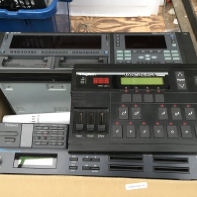 An Alesis HD24 Multitrack audio recorder, Roland U110 Sound module, Roland Midi filer floppy disk recorder and disks, Digitech VHM5 vocal harmoniser plus some cables and manuals.