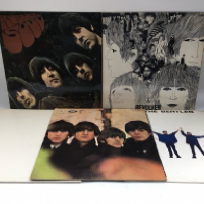 Five Beatles LPs comprising 'Revolver', 'Rubber Soul' and others.