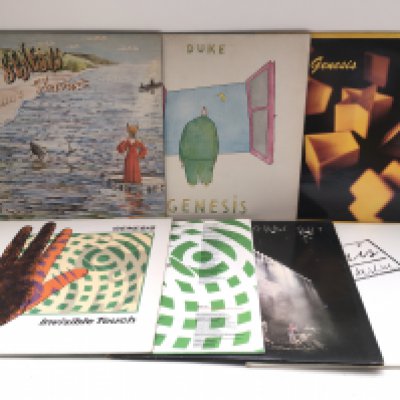 Seven Genesis LPs including 'Foxtrot', 'Three Sides Live' and others.