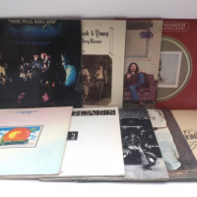 Two bags containing 18 country rock LPs by various artists including Crosby, Stills, Nash & Young, Allman Brothers, Poco and others. Includes some foreign pressings.