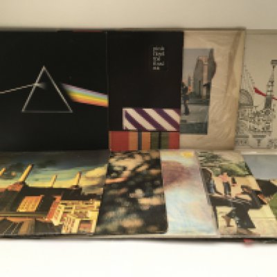 Nine Pink Floyd LPs comprising 'Meddle', 'Atom Heart Mother', 'Obscured By Clouds' and others.